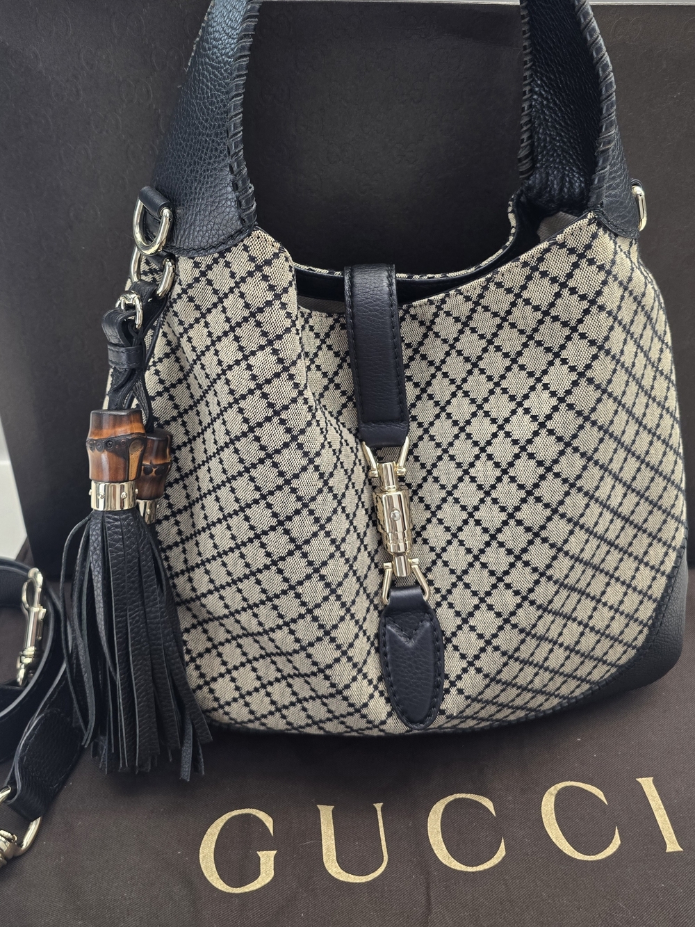 Gucci Diamante Beige and Black Canvas Hobo Bag with Pebbled Leather - Pristine